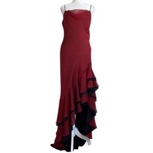 Vintage Cicci Y2K Cowl Neck Slip Dress Size Large Asymmetrical Ruffle Red‎ Black